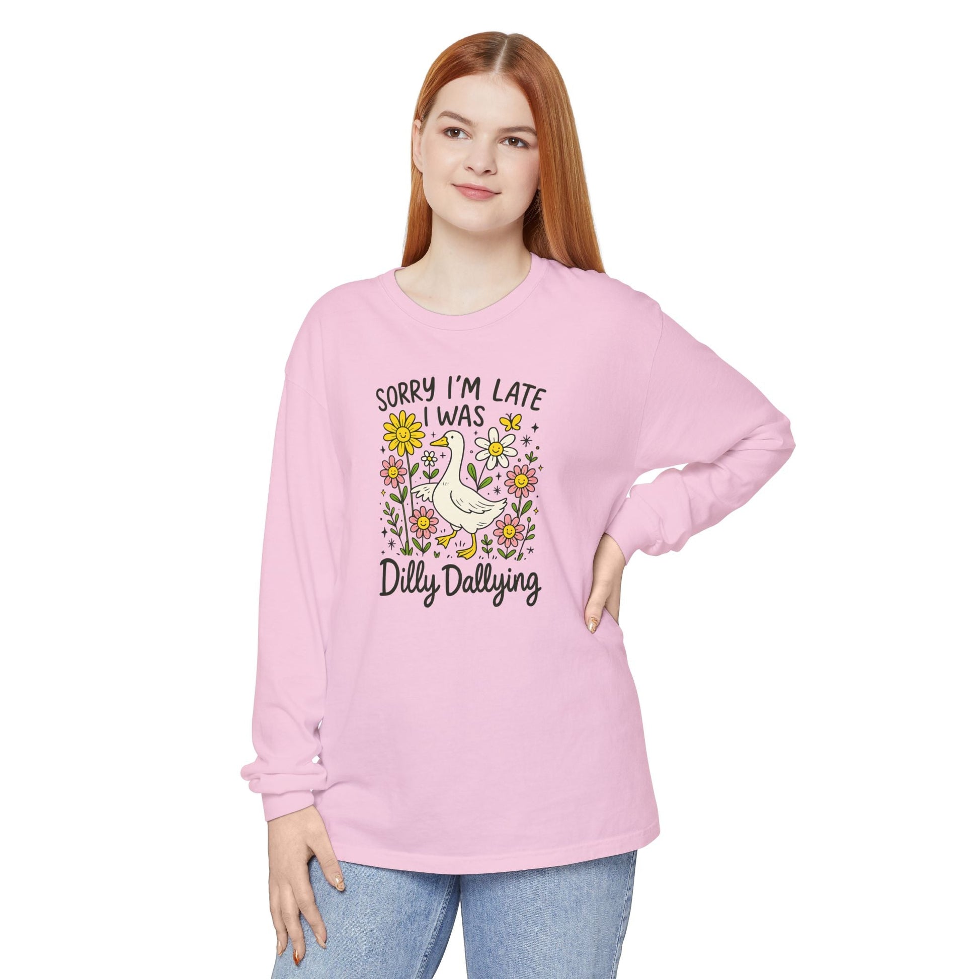 Dilly Dally Long Sleeve Tee - Unisex T-Shirt, Funny Graphic Shirt, Gift for Friends, Casualwear, Flower Art Top - Shirt Happens Graphics