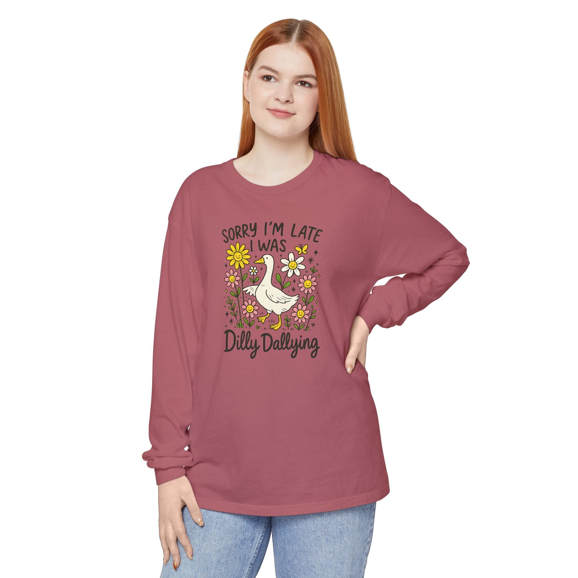 Dilly Dally Long Sleeve Tee - Unisex T-Shirt, Funny Graphic Shirt, Gift for Friends, Casualwear, Flower Art Top - Shirt Happens Graphics