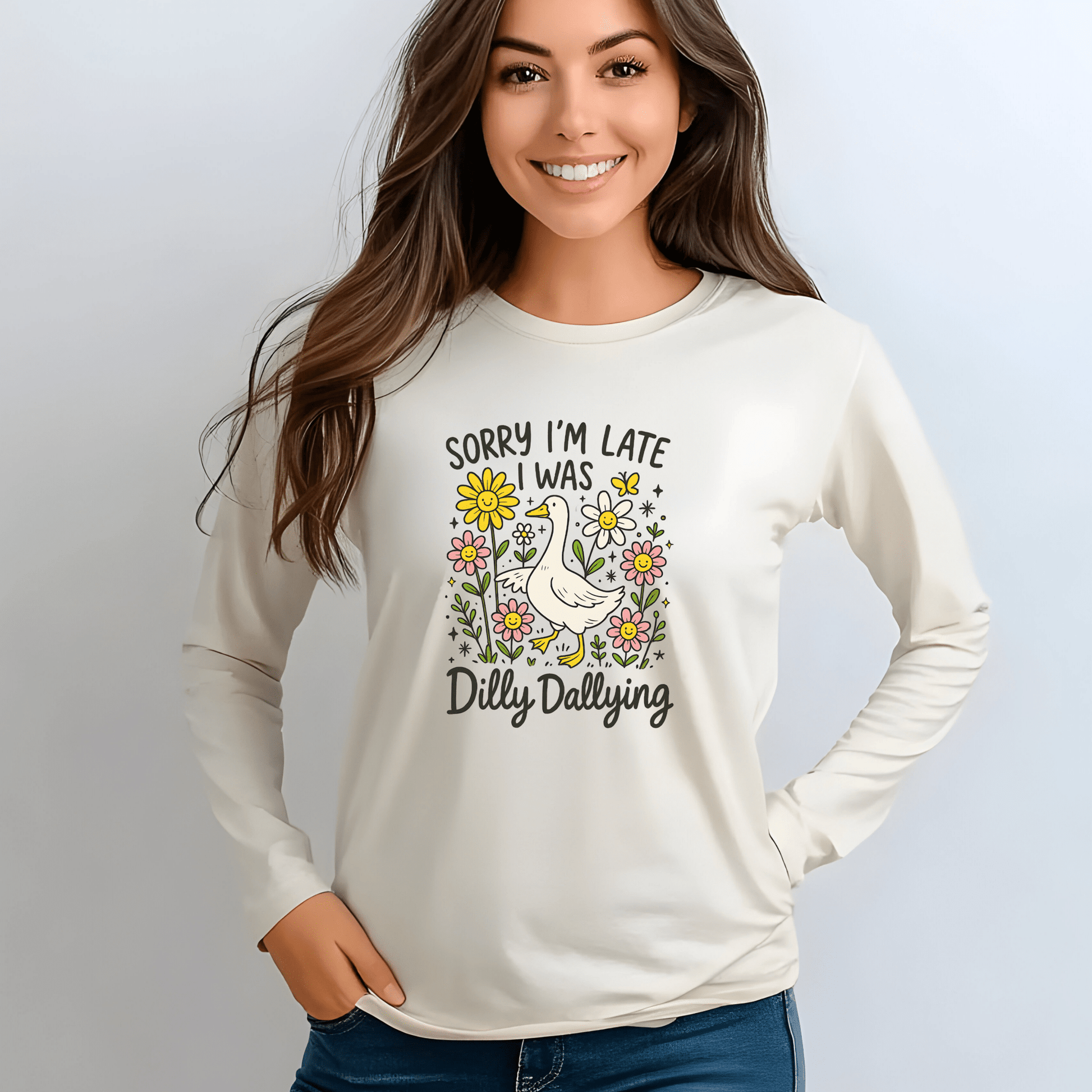 Dilly Dally Long Sleeve Tee - Unisex T-Shirt, Funny Graphic Shirt, Gift for Friends, Casualwear, Flower Art Top - Shirt Happens Graphics