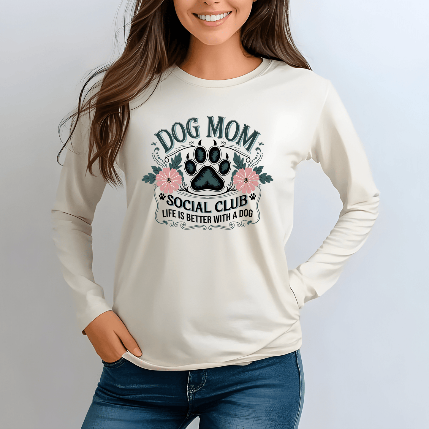 Dog Mom Long Sleeve T-Shirt, Pet Lover Apparel, Dog Lover Gift, Soft Cotton Tee, Cute Dog Mom Shirt, Birthday Gift for Dog Moms - Shirt Happens Graphics