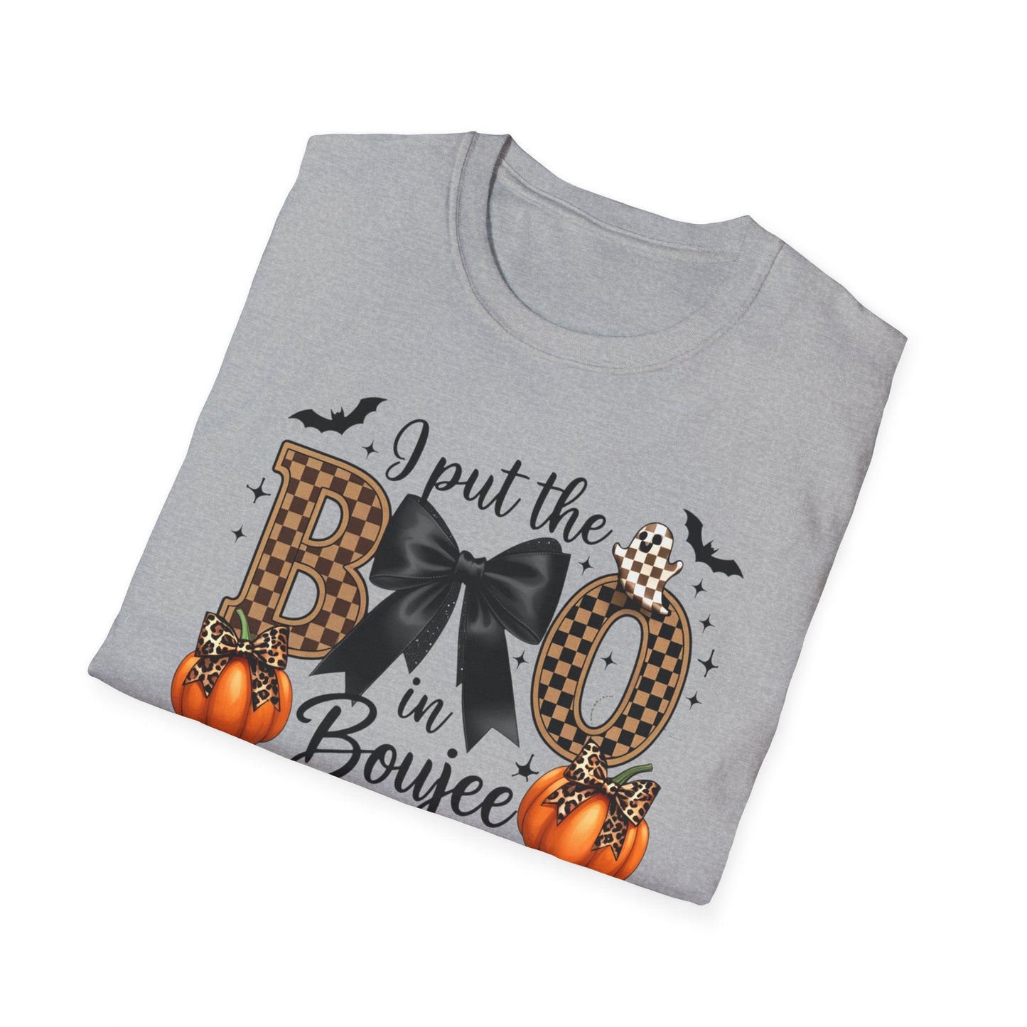 Fall - Themed Unisex Softstyle T-Shirt - 'I Put the BOO in Boujee', Halloween Shirt, Cute Autumn Apparel, Halloween Party Outfit, Gift for Her - Shirt Happens Graphics