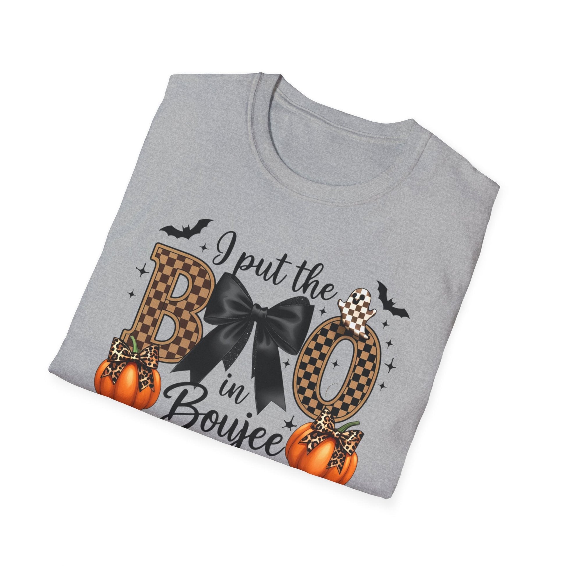 Fall - Themed Unisex Softstyle T-Shirt - 'I Put the BOO in Boujee', Halloween Shirt, Cute Autumn Apparel, Halloween Party Outfit, Gift for Her - Shirt Happens Graphics