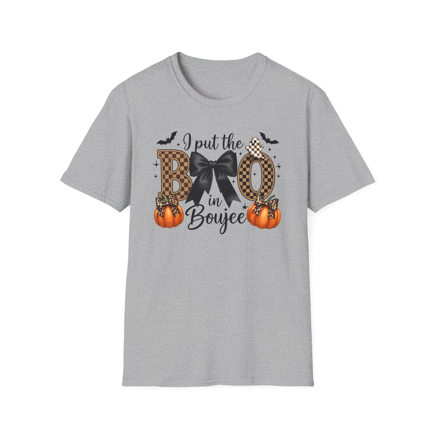Fall - Themed Unisex Softstyle T-Shirt - 'I Put the BOO in Boujee', Halloween Shirt, Cute Autumn Apparel, Halloween Party Outfit, Gift for Her - Shirt Happens Graphics