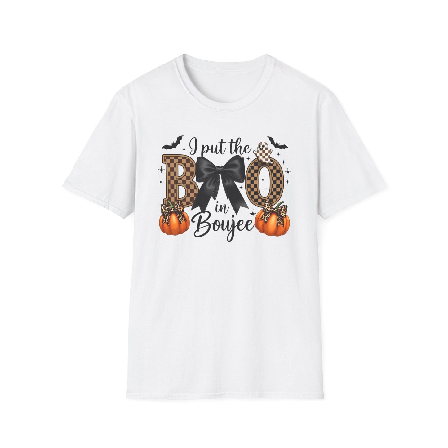 Fall - Themed Unisex Softstyle T-Shirt - 'I Put the BOO in Boujee', Halloween Shirt, Cute Autumn Apparel, Halloween Party Outfit, Gift for Her - Shirt Happens Graphics