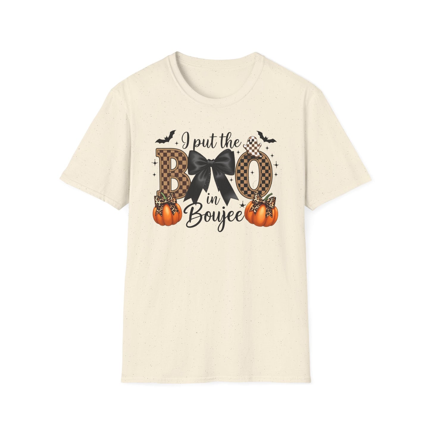 Fall - Themed Unisex Softstyle T-Shirt - 'I Put the BOO in Boujee', Halloween Shirt, Cute Autumn Apparel, Halloween Party Outfit, Gift for Her - Shirt Happens Graphics
