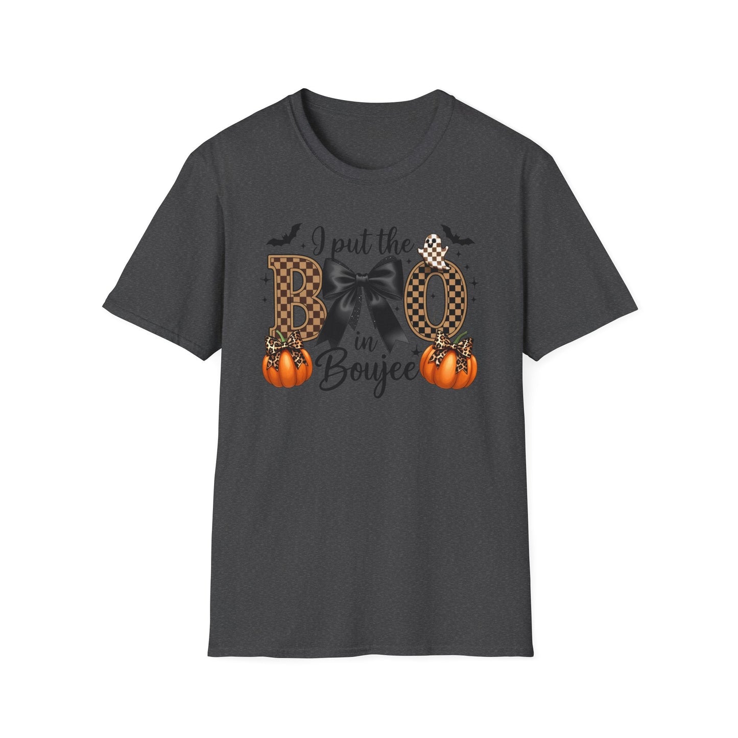 Fall - Themed Unisex Softstyle T-Shirt - 'I Put the BOO in Boujee', Halloween Shirt, Cute Autumn Apparel, Halloween Party Outfit, Gift for Her - Shirt Happens Graphics