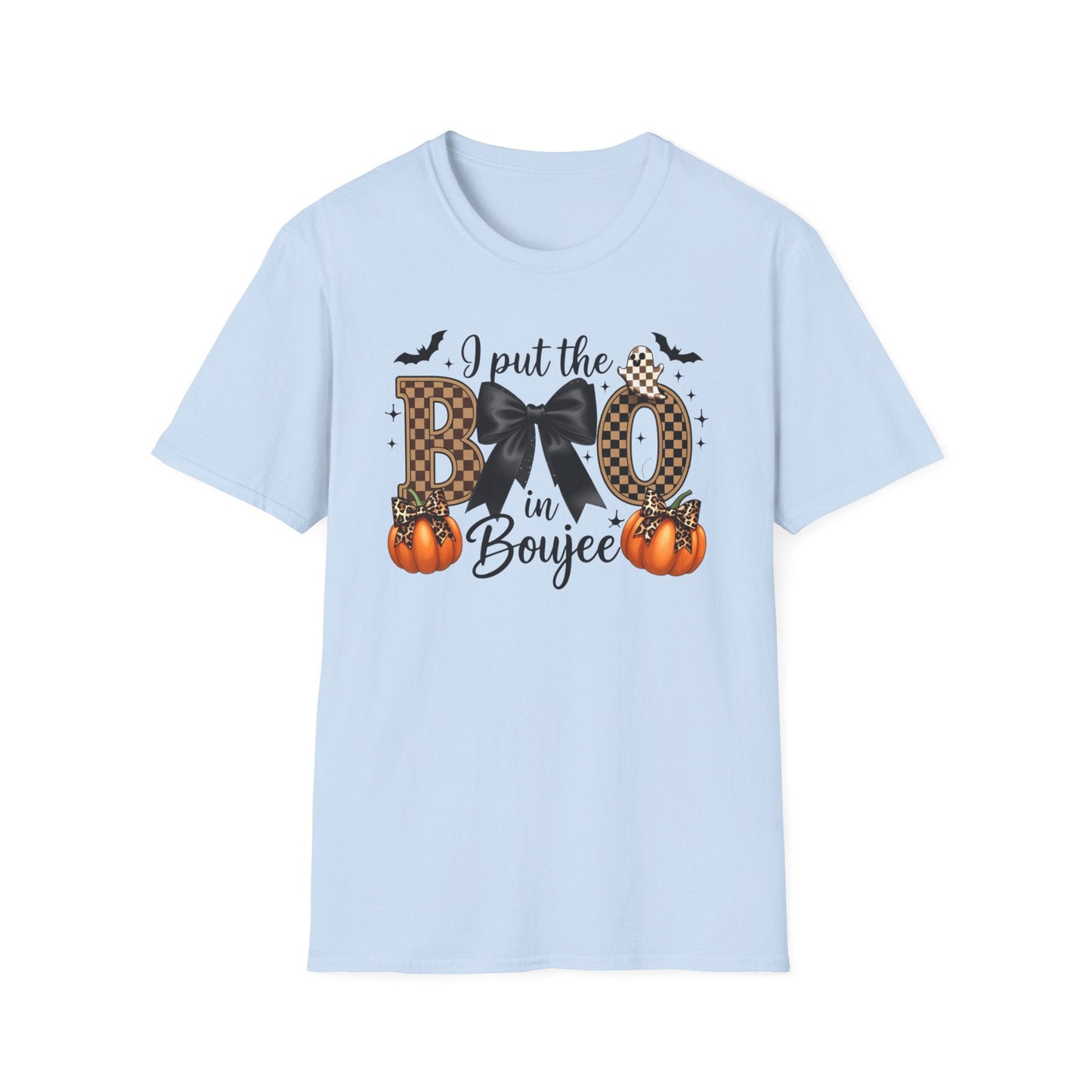 Fall - Themed Unisex Softstyle T-Shirt - 'I Put the BOO in Boujee', Halloween Shirt, Cute Autumn Apparel, Halloween Party Outfit, Gift for Her - Shirt Happens Graphics