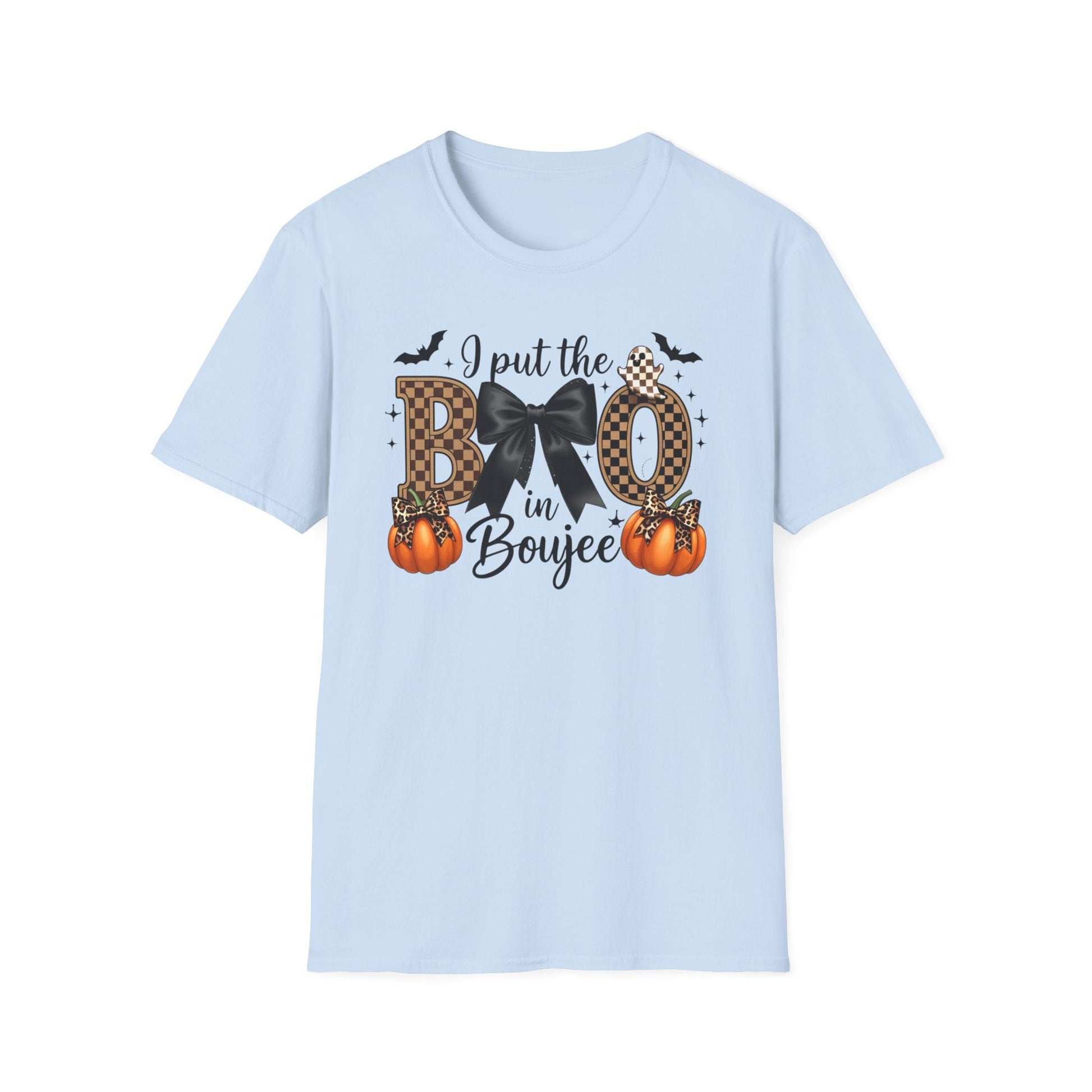 Fall - Themed Unisex Softstyle T-Shirt - 'I Put the BOO in Boujee', Halloween Shirt, Cute Autumn Apparel, Halloween Party Outfit, Gift for Her - Shirt Happens Graphics