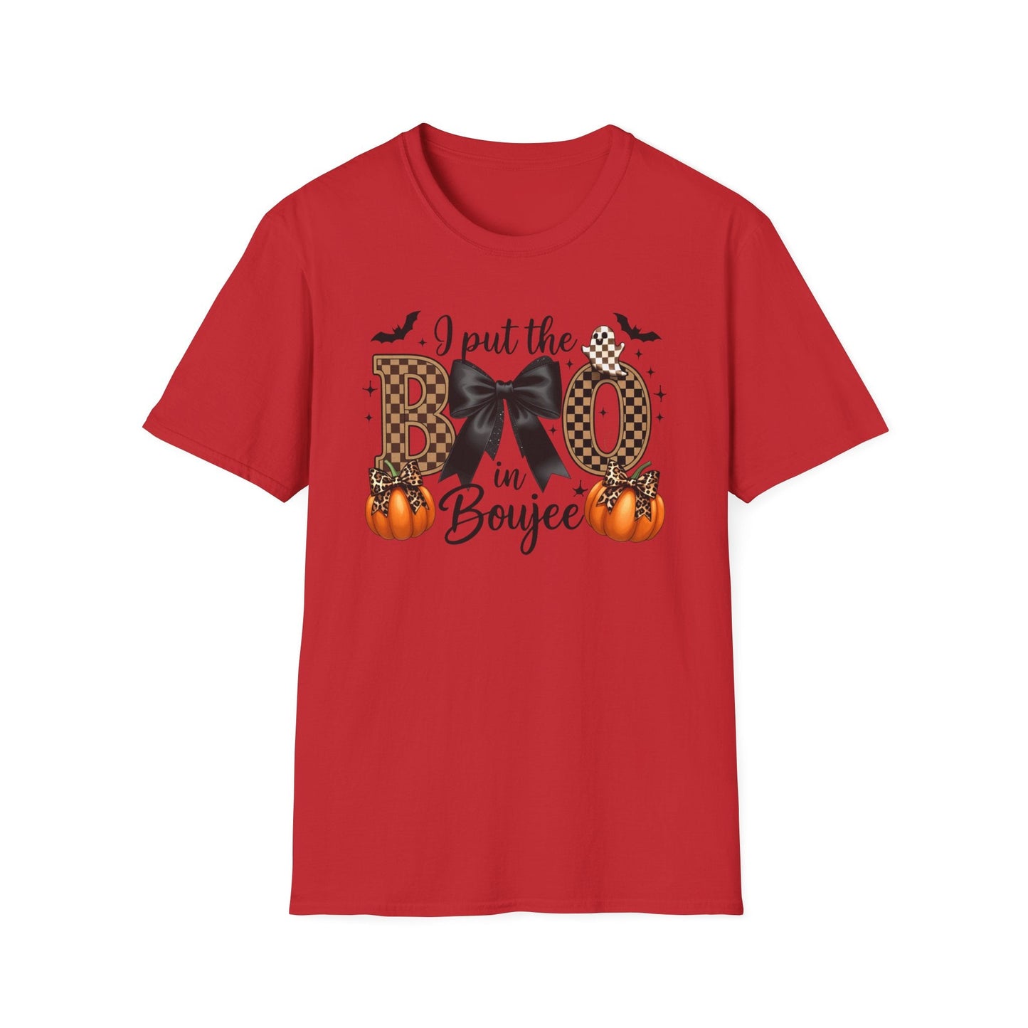 Fall - Themed Unisex Softstyle T-Shirt - 'I Put the BOO in Boujee', Halloween Shirt, Cute Autumn Apparel, Halloween Party Outfit, Gift for Her - Shirt Happens Graphics