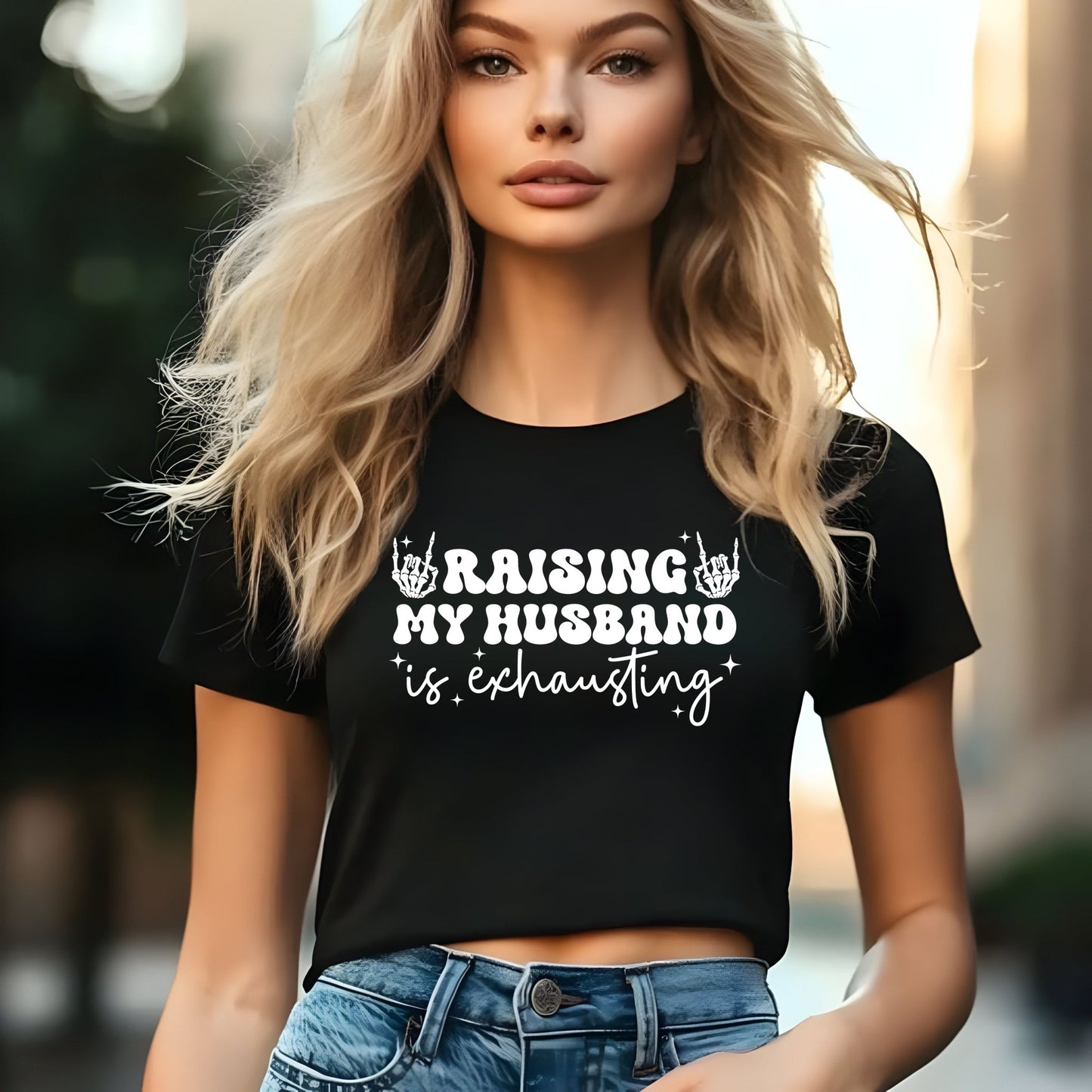 Festival Vibe Women's Crop Top - Raising My Husband is Exhausting, Boho Chic Shirt, Concert Apparel, Gift for Moms, Casual Summer Top - Shirt Happens Graphics