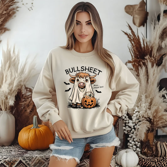 Halloween Cow Sweatshirt, Funny Ghost Cow Crewneck, Bullsheets Sweatshirt for Fall, Cozy Halloween Apparel, October Gift - Shirt Happens Graphics