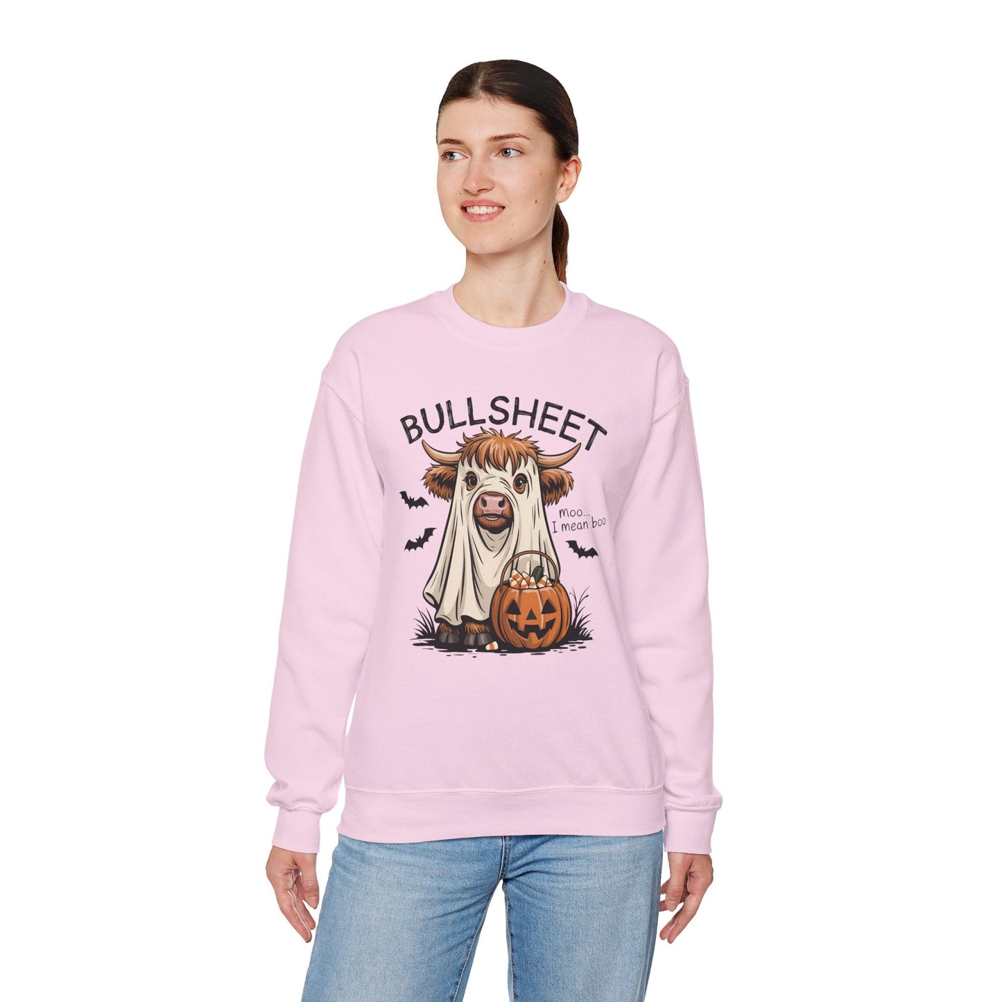 Halloween Cow Sweatshirt, Funny Ghost Cow Crewneck, Bullsheets Sweatshirt for Fall, Cozy Halloween Apparel, October Gift - Shirt Happens Graphics