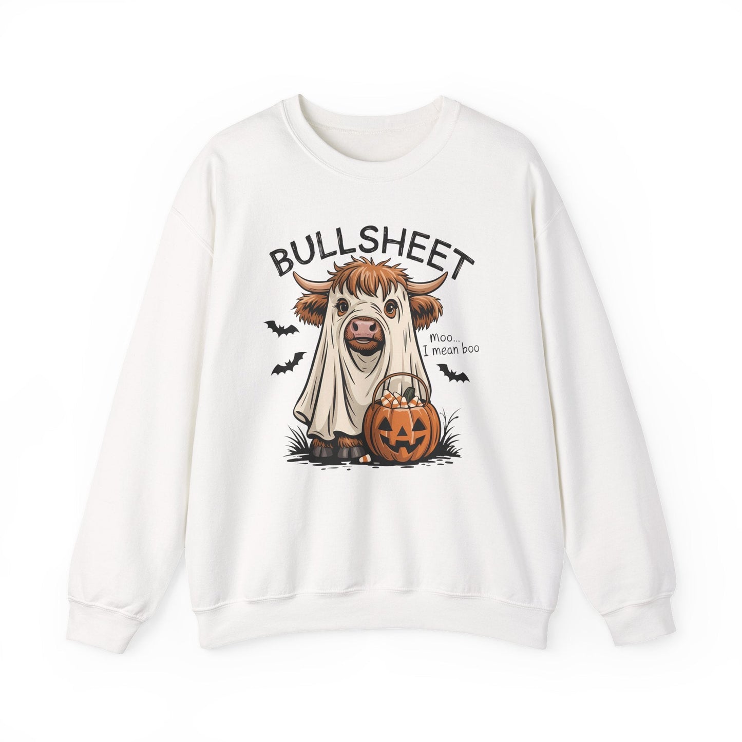 Halloween Cow Sweatshirt, Funny Ghost Cow Crewneck, Bullsheets Sweatshirt for Fall, Cozy Halloween Apparel, October Gift - Shirt Happens Graphics