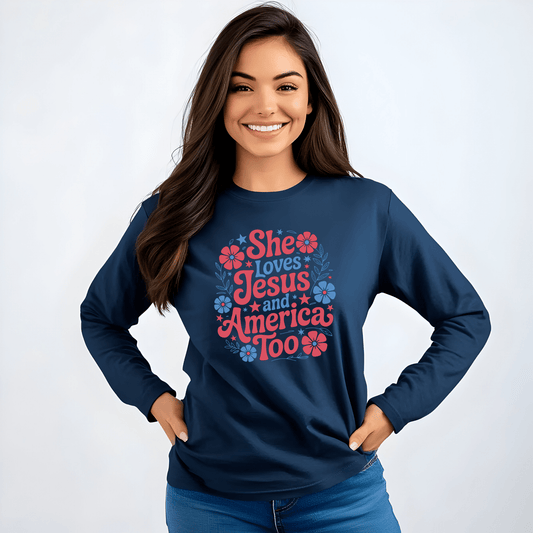 Long Sleeve T-Shirt, Faith - Inspired Apparel, Christ & Country Lifestyle, Perfect for Church Groups, Patriotic Gifts, Women's Fashion - Shirt Happens Graphics
