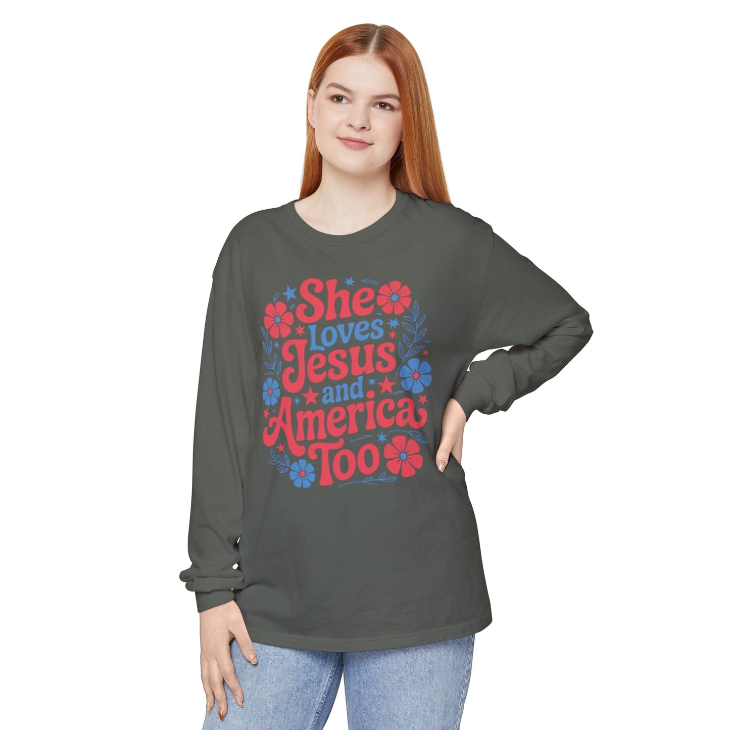 Long Sleeve T-Shirt, Faith - Inspired Apparel, Christ & Country Lifestyle, Perfect for Church Groups, Patriotic Gifts, Women's Fashion - Shirt Happens Graphics