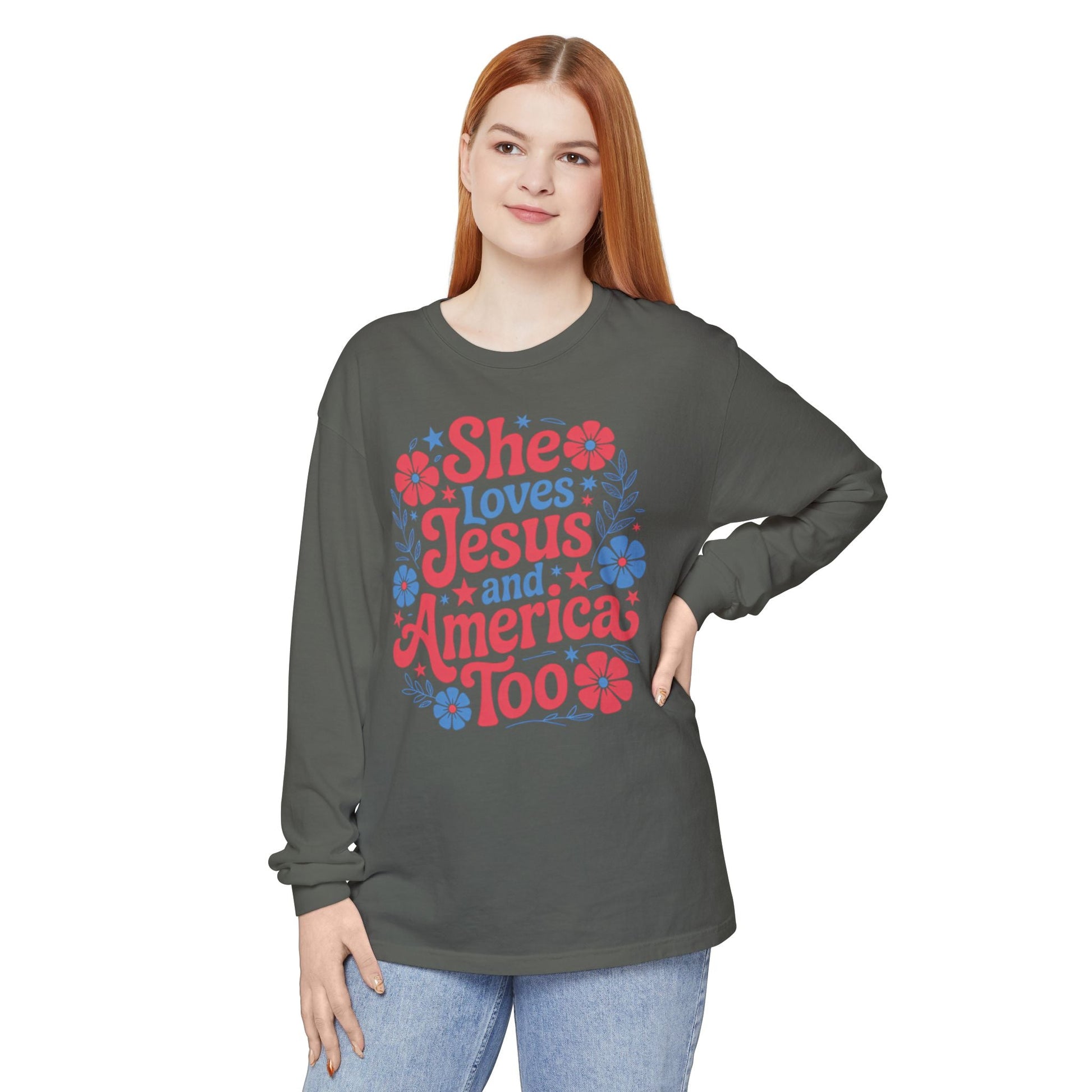 Long Sleeve T-Shirt, Faith - Inspired Apparel, Christ & Country Lifestyle, Perfect for Church Groups, Patriotic Gifts, Women's Fashion - Shirt Happens Graphics