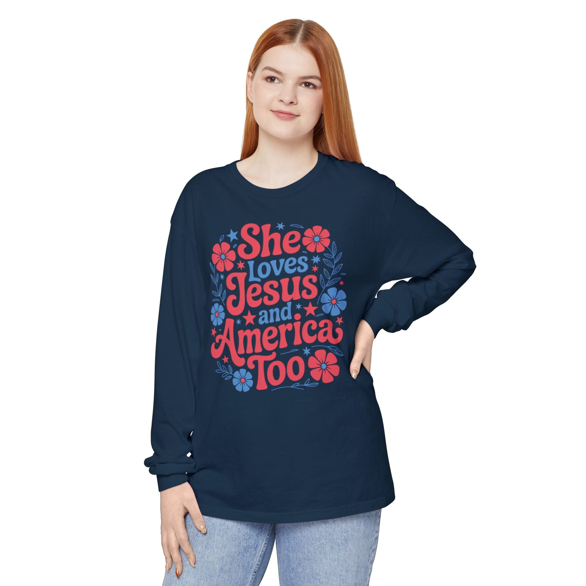 Long Sleeve T-Shirt, Faith - Inspired Apparel, Christ & Country Lifestyle, Perfect for Church Groups, Patriotic Gifts, Women's Fashion - Shirt Happens Graphics