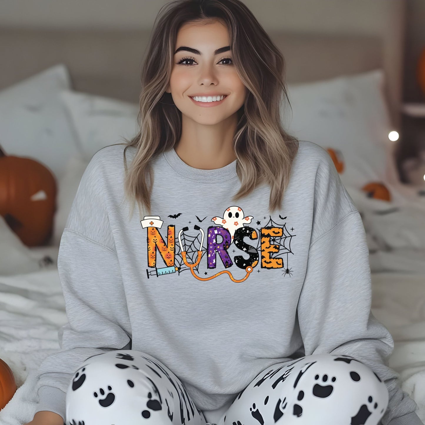 Nurse Crewneck Sweatshirt, Cozy Gift for Nurses, Nursing Appreciation, Halloween Sweatshirt, Medical Humor Apparel, Nurse Shirt - Shirt Happens Graphics