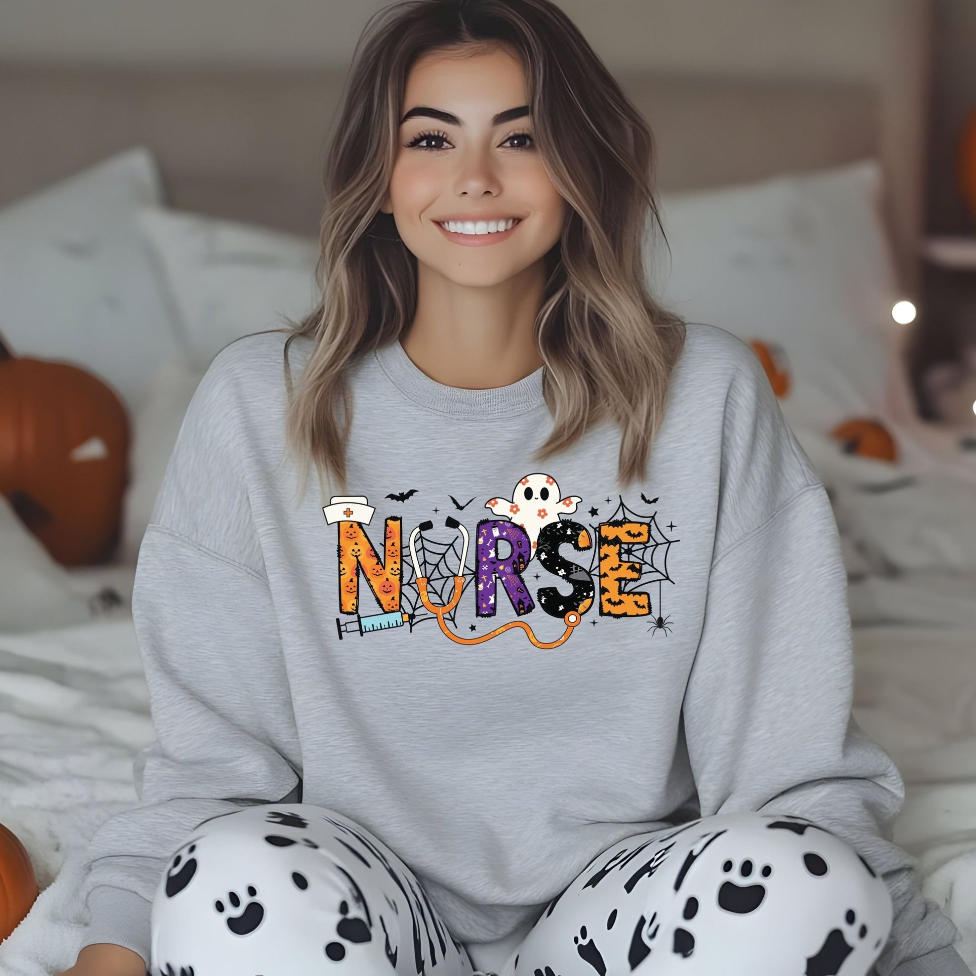 Nurse Crewneck Sweatshirt, Cozy Gift for Nurses, Nursing Appreciation, Halloween Sweatshirt, Medical Humor Apparel, Nurse Shirt - Shirt Happens Graphics