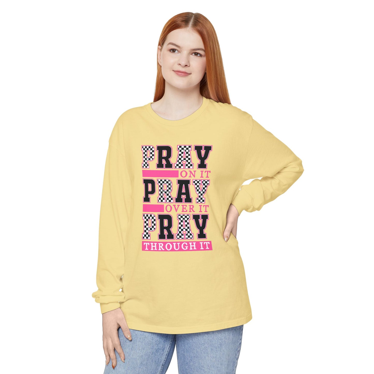 Pray Themed Long Sleeve T-Shirt, Spiritual Apparel, Prayer Shirt, Faith - Based Gift, Comfort Wear, Mindfulness Clothing - Shirt Happens Graphics