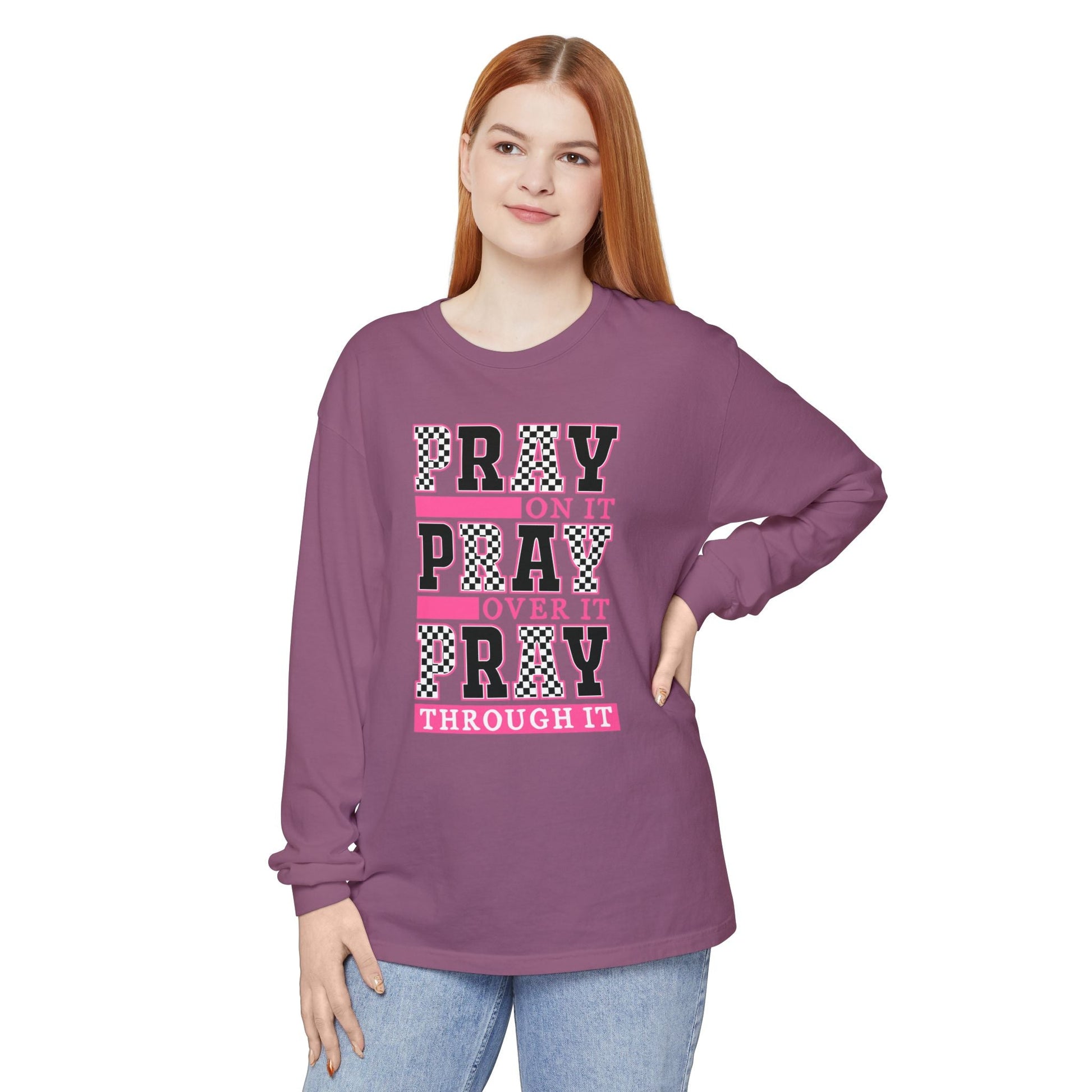 Pray Themed Long Sleeve T-Shirt, Spiritual Apparel, Prayer Shirt, Faith - Based Gift, Comfort Wear, Mindfulness Clothing - Shirt Happens Graphics