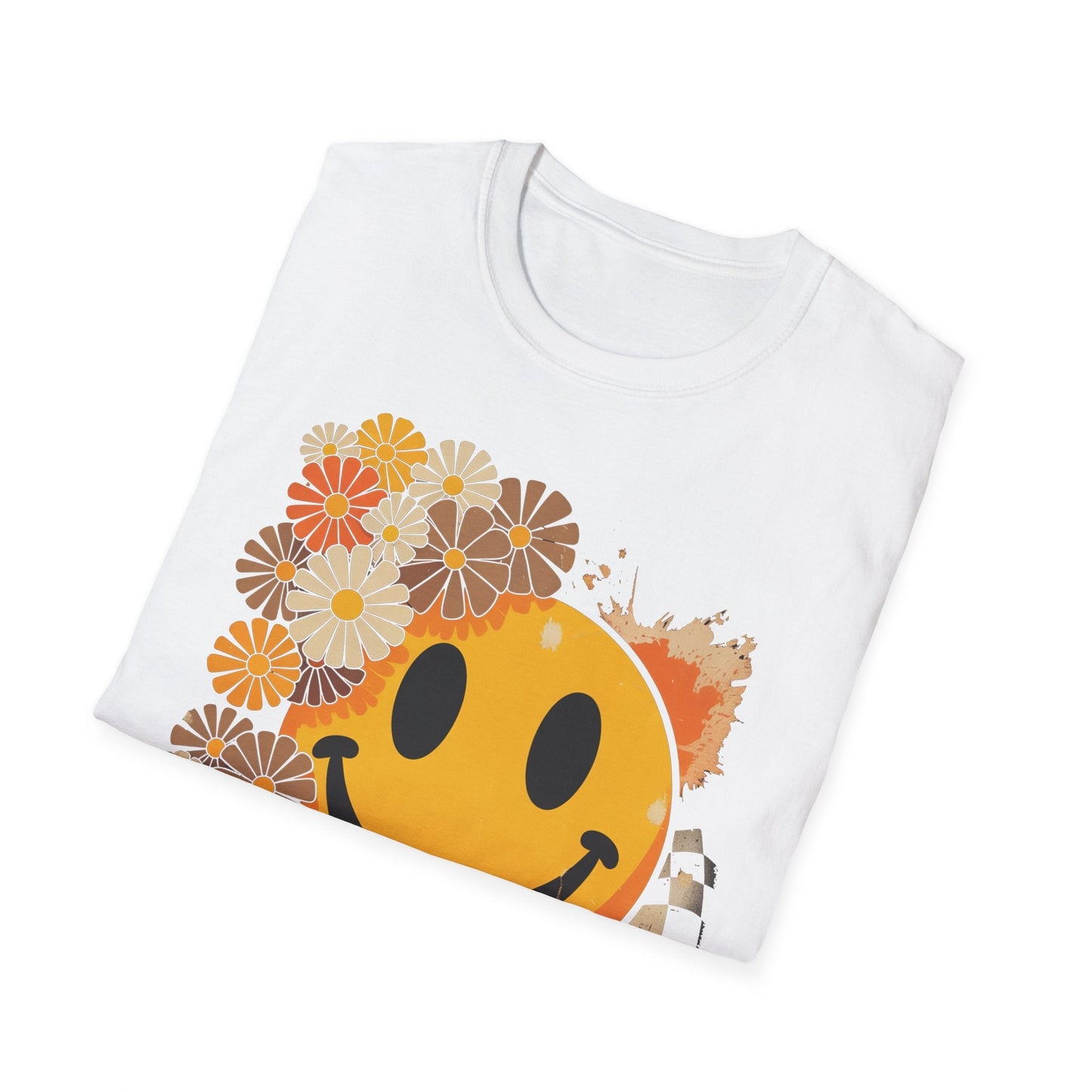 Retro Floral Smiley T-Shirt | Unisex Graphic Tee for Casual Wear, Gift for Friends, Summer Vibes, Self - Care, Birthday Present - Shirt Happens Graphics