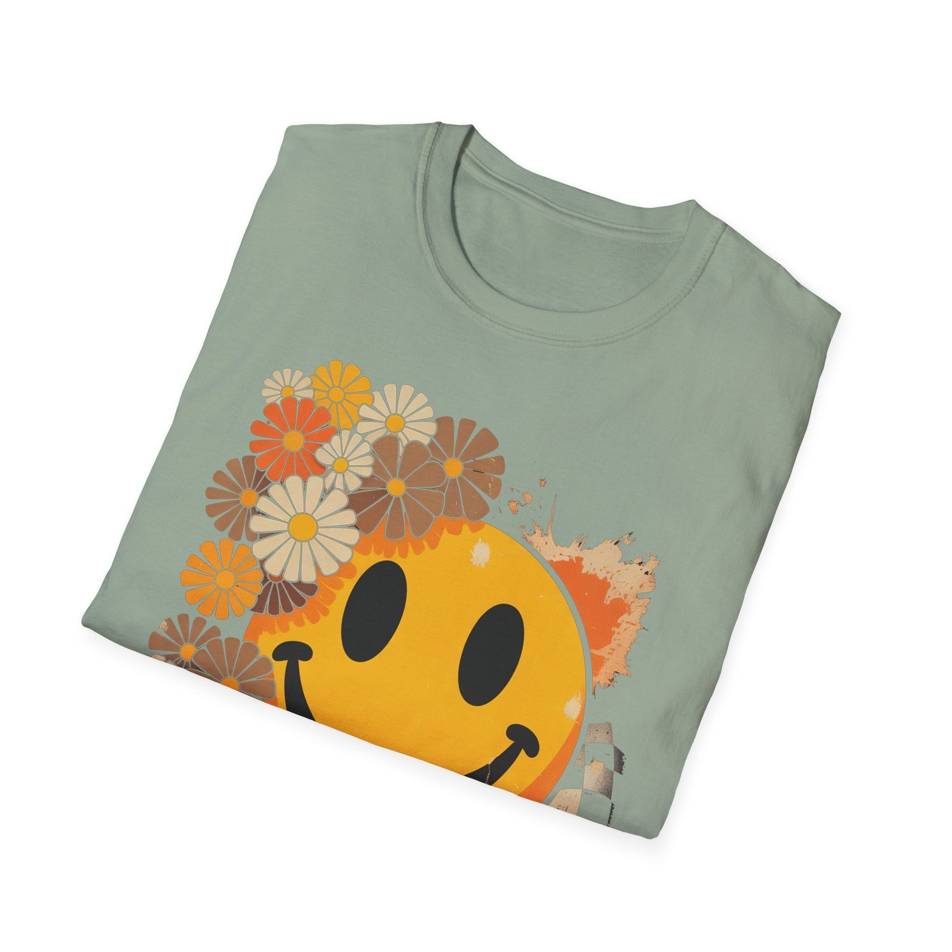 Retro Floral Smiley T-Shirt | Unisex Graphic Tee for Casual Wear, Gift for Friends, Summer Vibes, Self - Care, Birthday Present - Shirt Happens Graphics