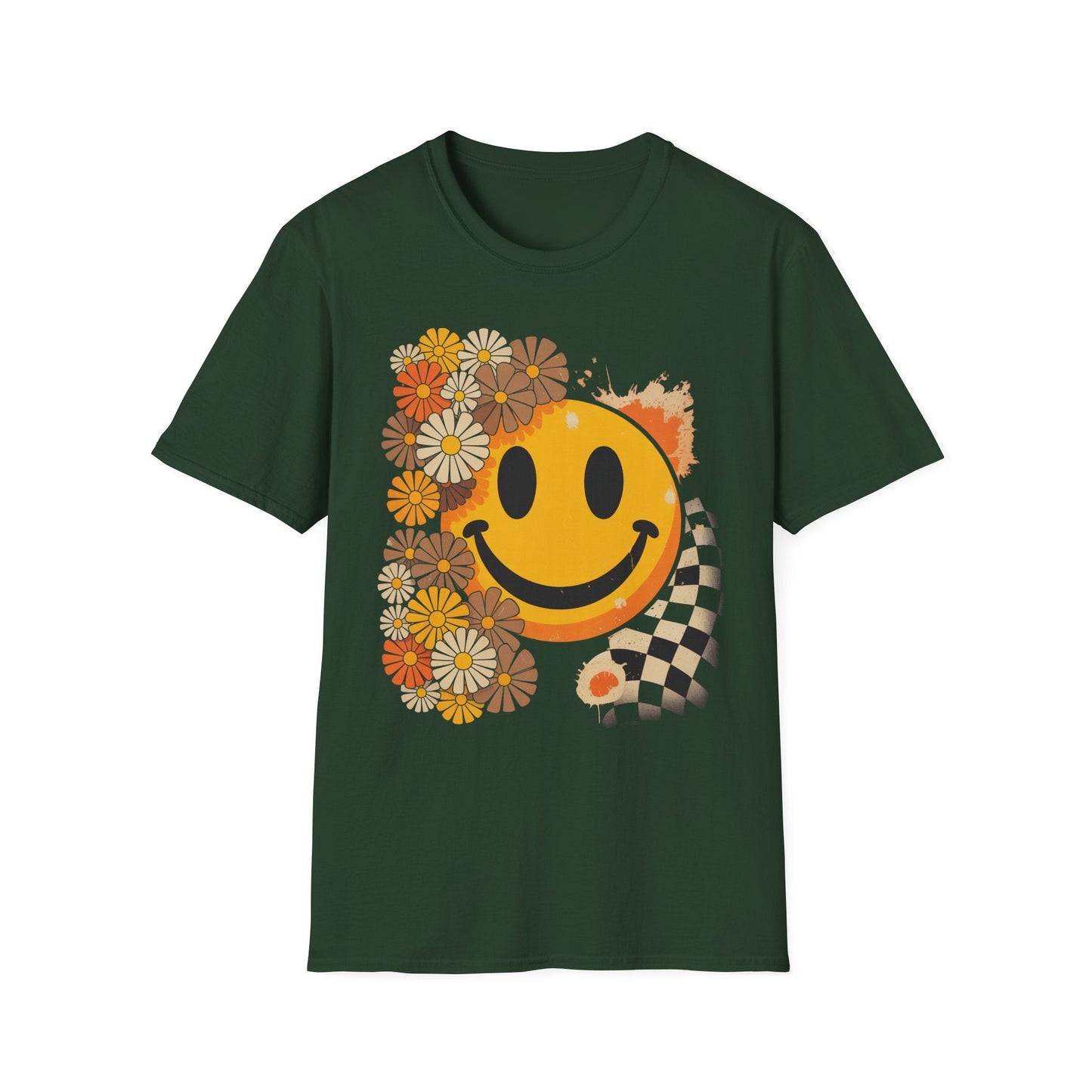 Retro Floral Smiley T-Shirt | Unisex Graphic Tee for Casual Wear, Gift for Friends, Summer Vibes, Self - Care, Birthday Present - Shirt Happens Graphics