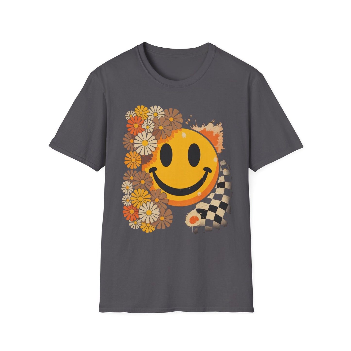 Retro Floral Smiley T-Shirt | Unisex Graphic Tee for Casual Wear, Gift for Friends, Summer Vibes, Self - Care, Birthday Present - Shirt Happens Graphics