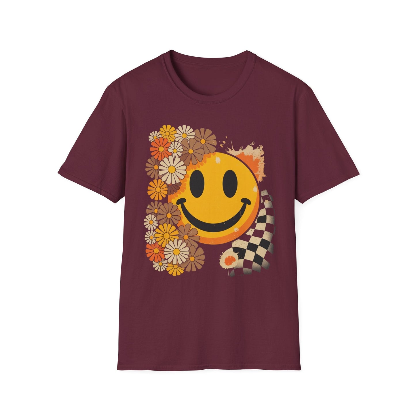 Retro Floral Smiley T-Shirt | Unisex Graphic Tee for Casual Wear, Gift for Friends, Summer Vibes, Self - Care, Birthday Present - Shirt Happens Graphics