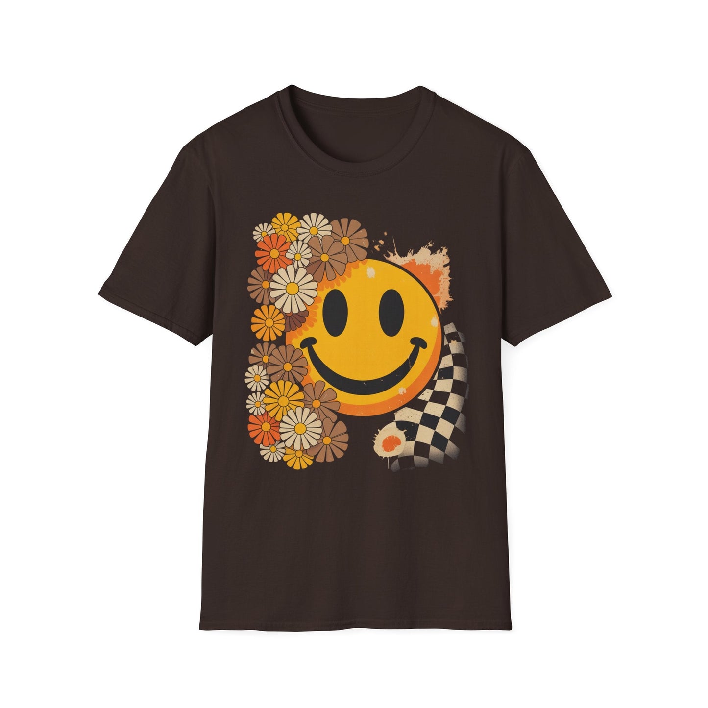 Retro Floral Smiley T-Shirt | Unisex Graphic Tee for Casual Wear, Gift for Friends, Summer Vibes, Self - Care, Birthday Present - Shirt Happens Graphics
