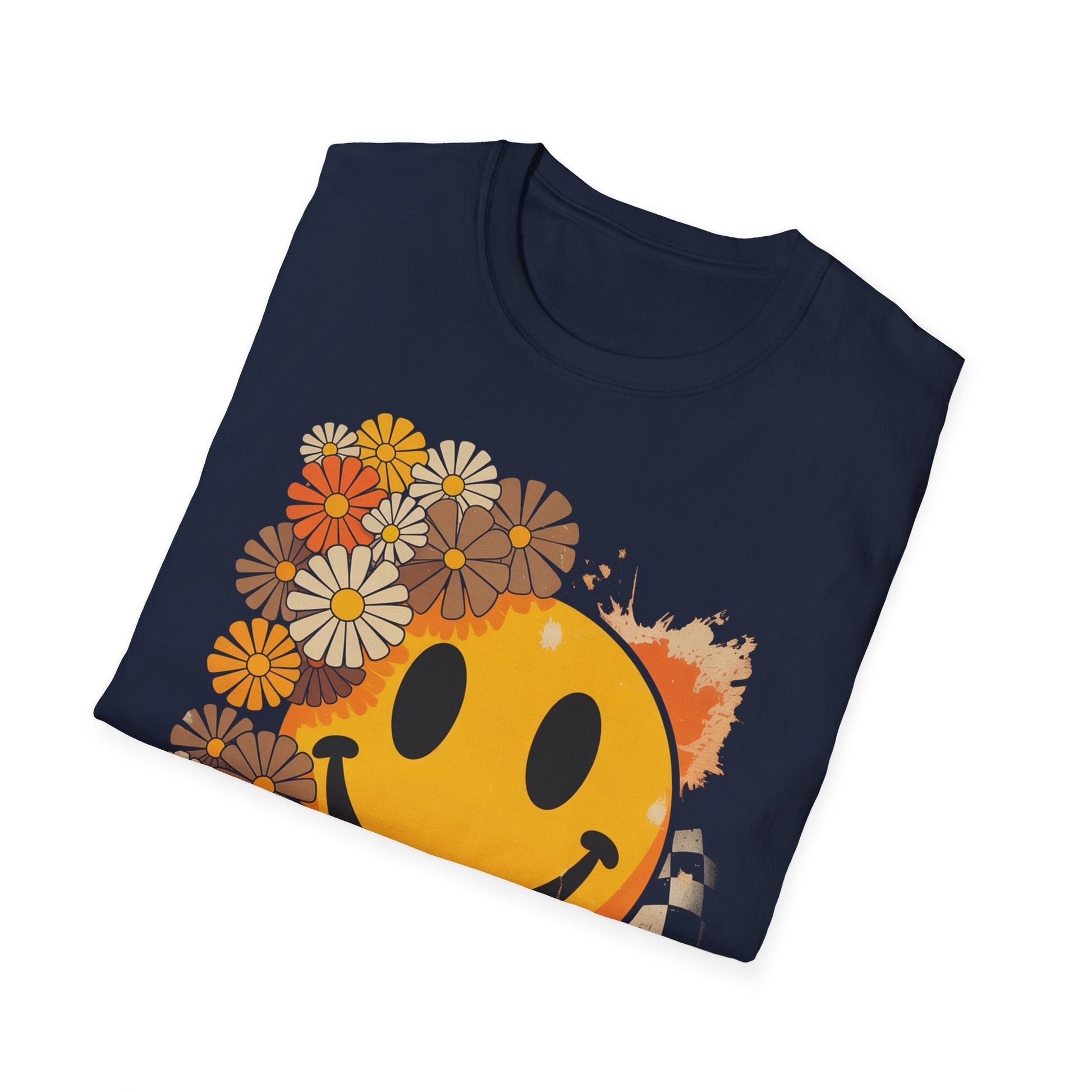 Retro Floral Smiley T-Shirt | Unisex Graphic Tee for Casual Wear, Gift for Friends, Summer Vibes, Self - Care, Birthday Present - Shirt Happens Graphics