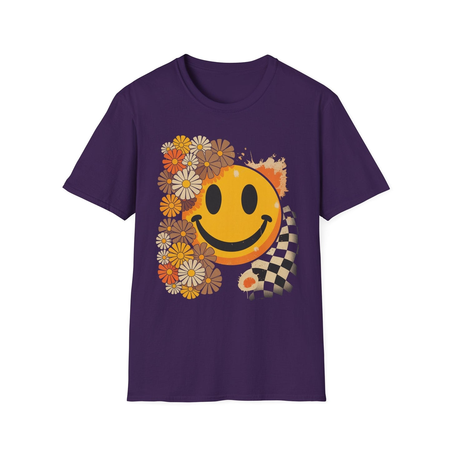 Retro Floral Smiley T-Shirt | Unisex Graphic Tee for Casual Wear, Gift for Friends, Summer Vibes, Self - Care, Birthday Present - Shirt Happens Graphics