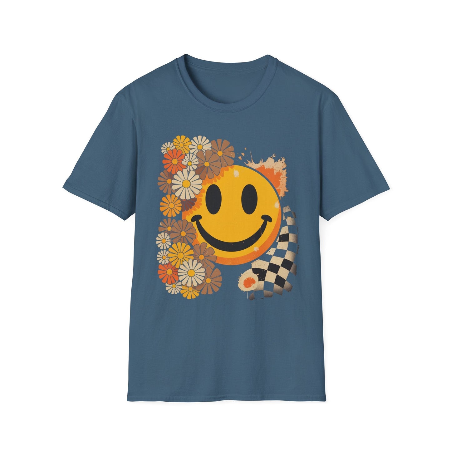 Retro Floral Smiley T-Shirt | Unisex Graphic Tee for Casual Wear, Gift for Friends, Summer Vibes, Self - Care, Birthday Present - Shirt Happens Graphics