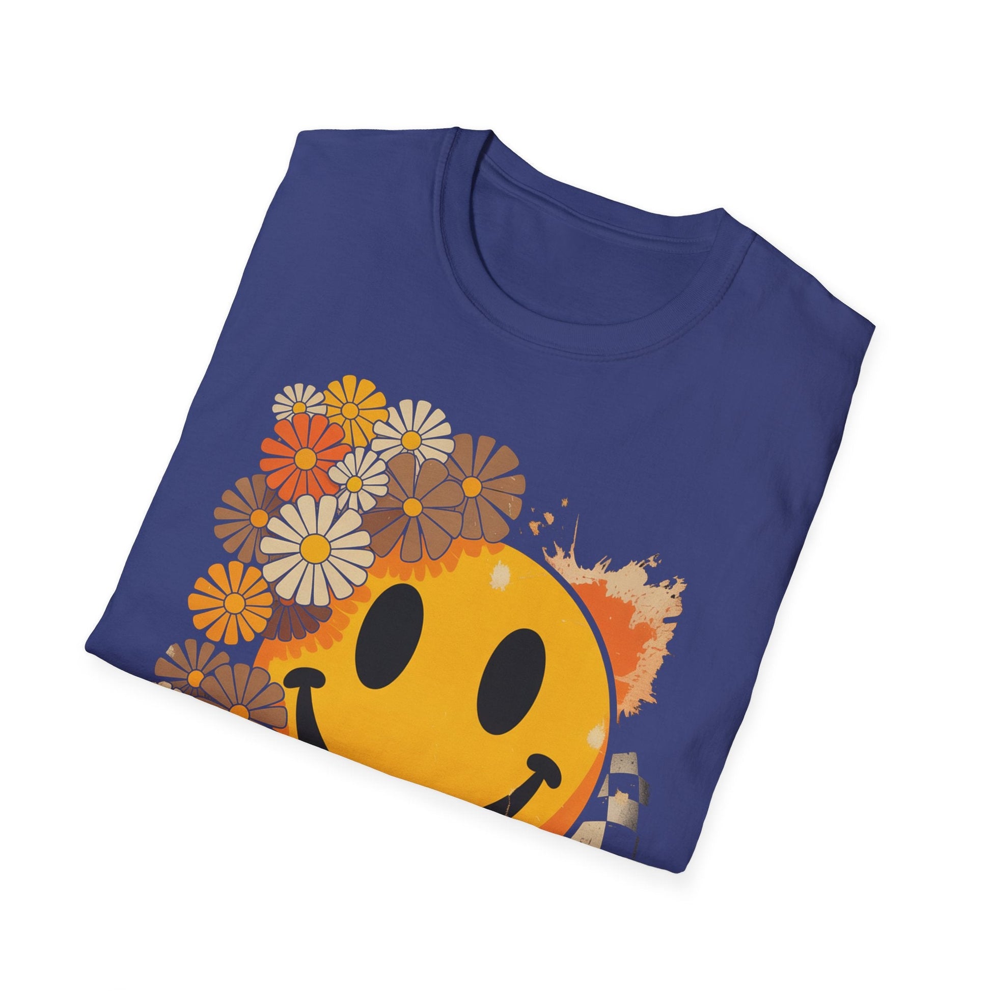 Retro Floral Smiley T-Shirt | Unisex Graphic Tee for Casual Wear, Gift for Friends, Summer Vibes, Self - Care, Birthday Present - Shirt Happens Graphics