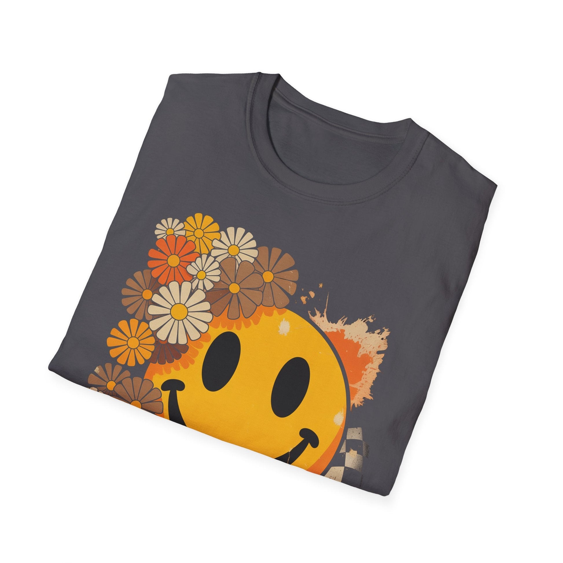 Retro Floral Smiley T-Shirt | Unisex Graphic Tee for Casual Wear, Gift for Friends, Summer Vibes, Self - Care, Birthday Present - Shirt Happens Graphics