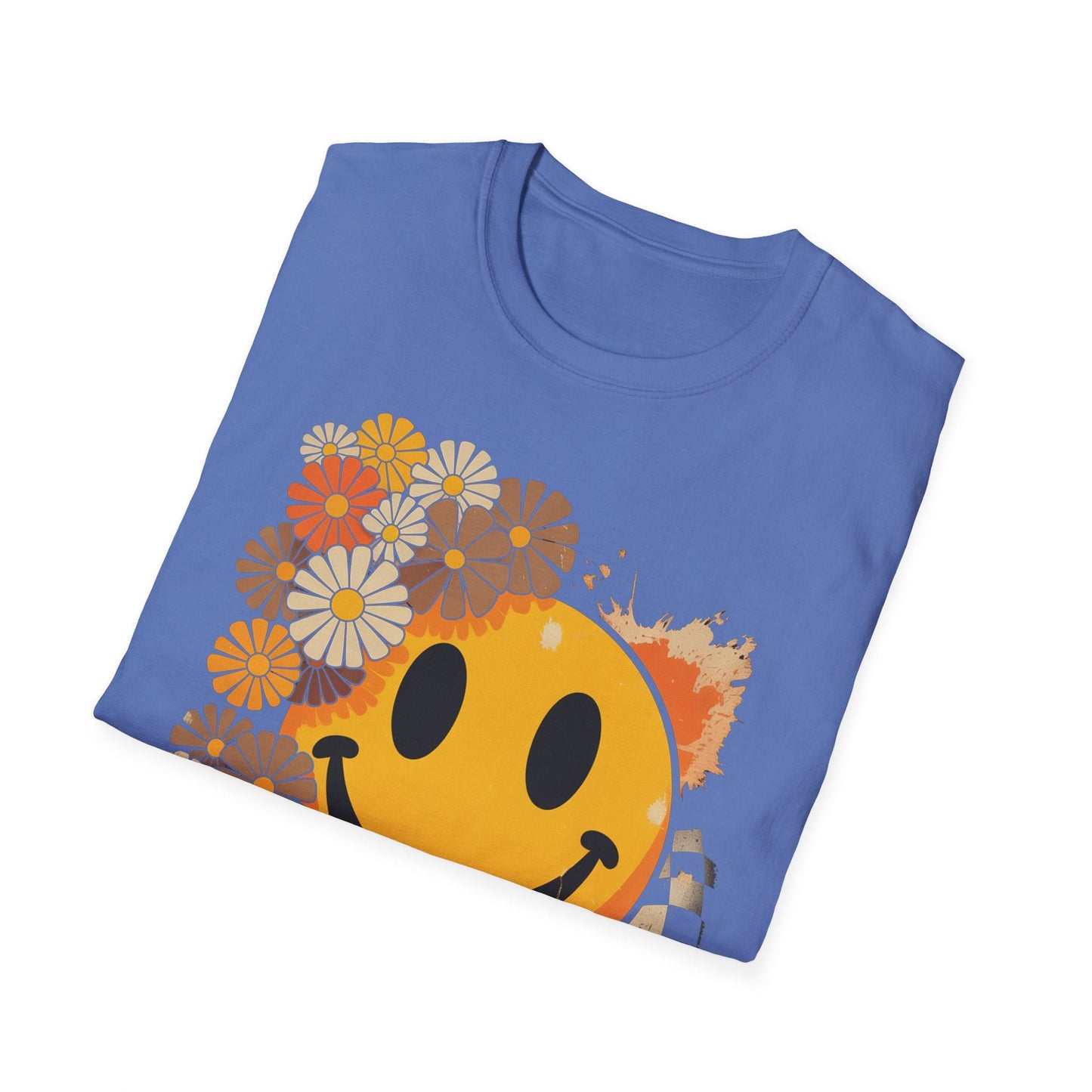 Retro Floral Smiley T-Shirt | Unisex Graphic Tee for Casual Wear, Gift for Friends, Summer Vibes, Self - Care, Birthday Present - Shirt Happens Graphics