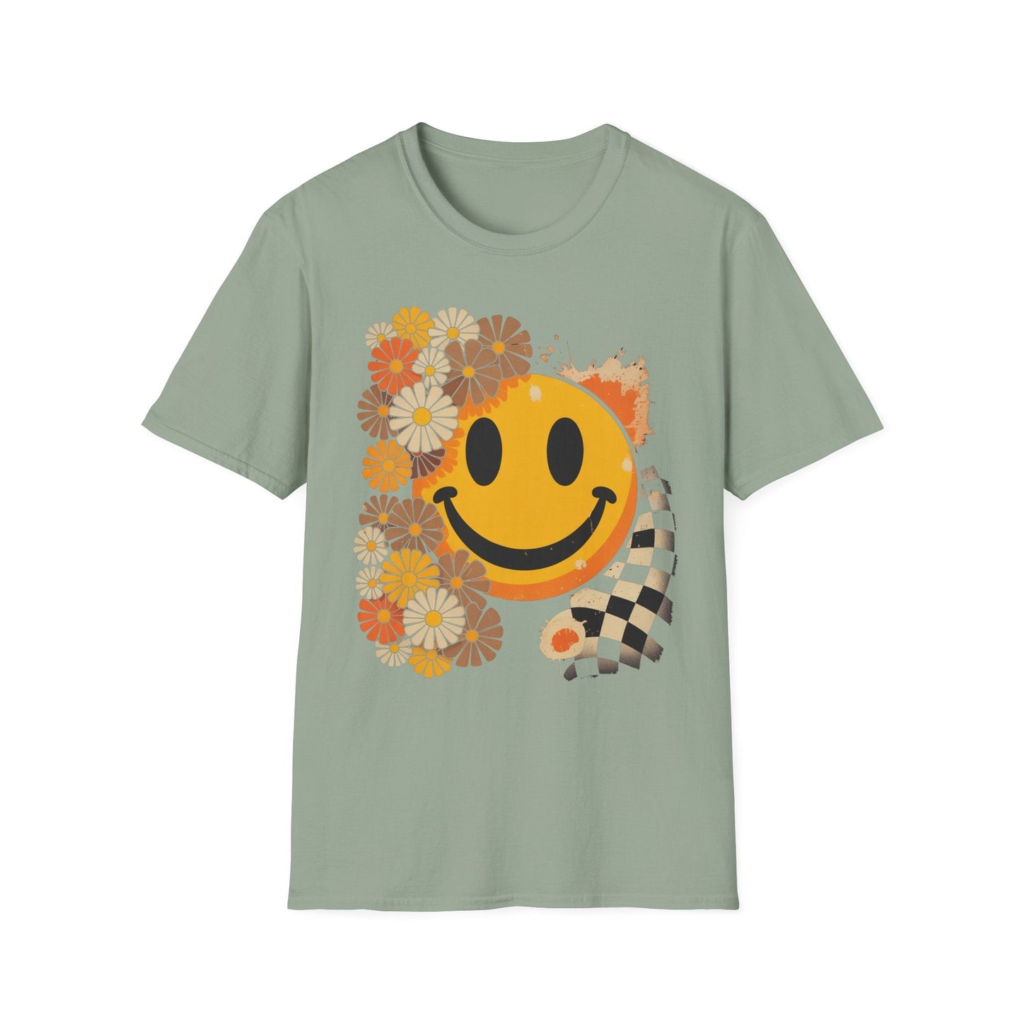 Retro Floral Smiley T-Shirt | Unisex Graphic Tee for Casual Wear, Gift for Friends, Summer Vibes, Self - Care, Birthday Present - Shirt Happens Graphics