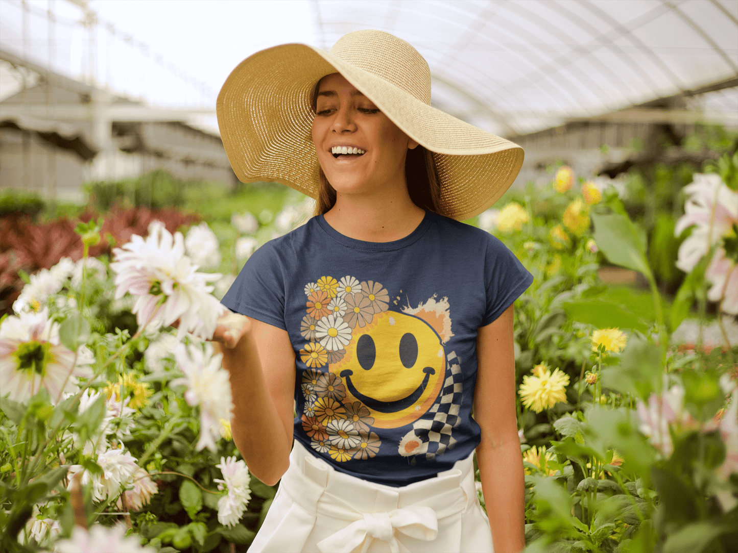 Retro Floral Smiley T-Shirt | Unisex Graphic Tee for Casual Wear, Gift for Friends, Summer Vibes, Self - Care, Birthday Present - Shirt Happens Graphics