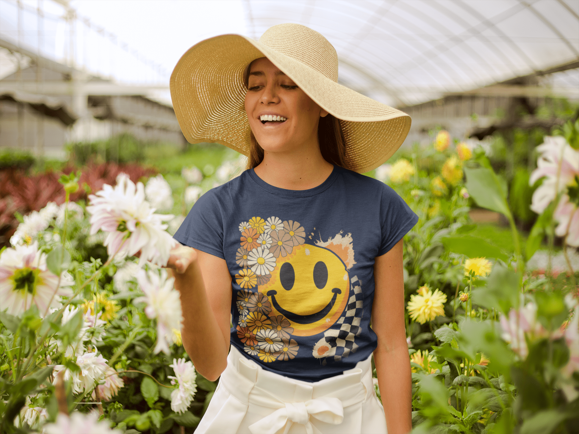 Retro Floral Smiley T-Shirt | Unisex Graphic Tee for Casual Wear, Gift for Friends, Summer Vibes, Self - Care, Birthday Present - Shirt Happens Graphics