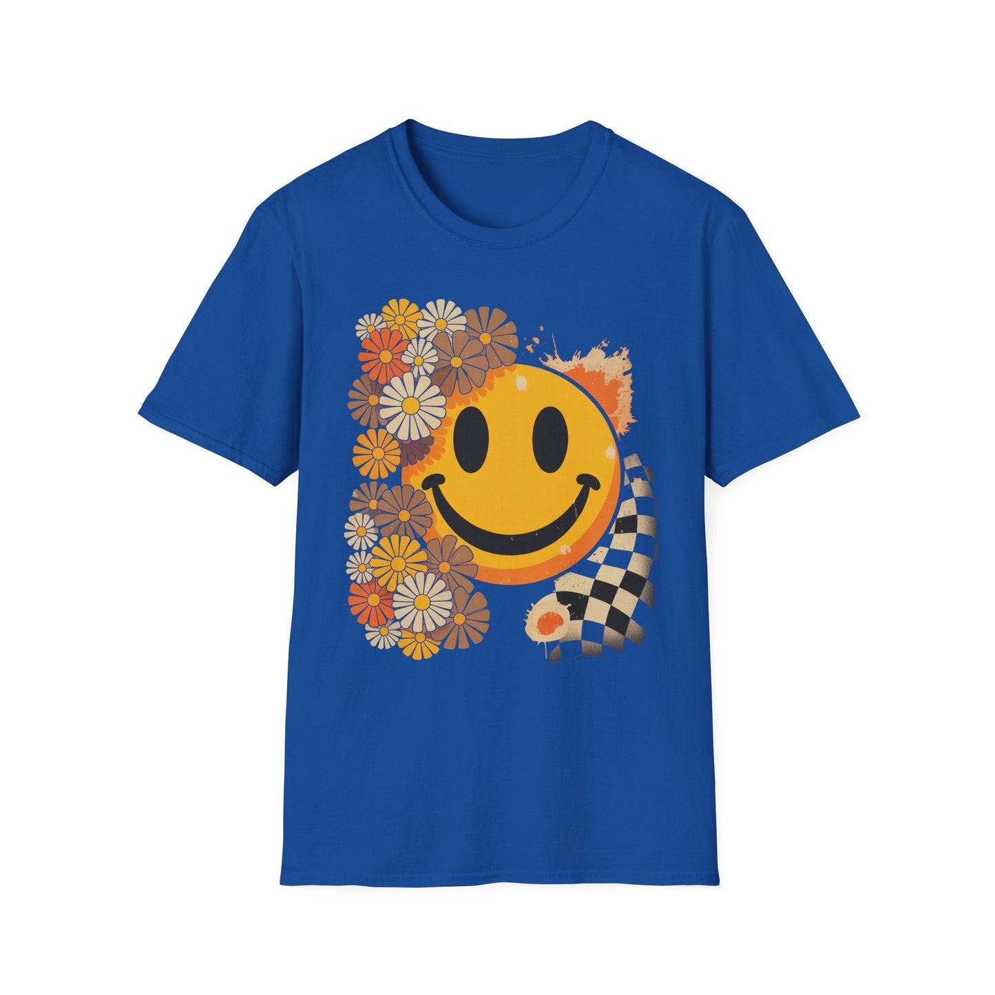 Retro Floral Smiley T-Shirt | Unisex Graphic Tee for Casual Wear, Gift for Friends, Summer Vibes, Self - Care, Birthday Present - Shirt Happens Graphics