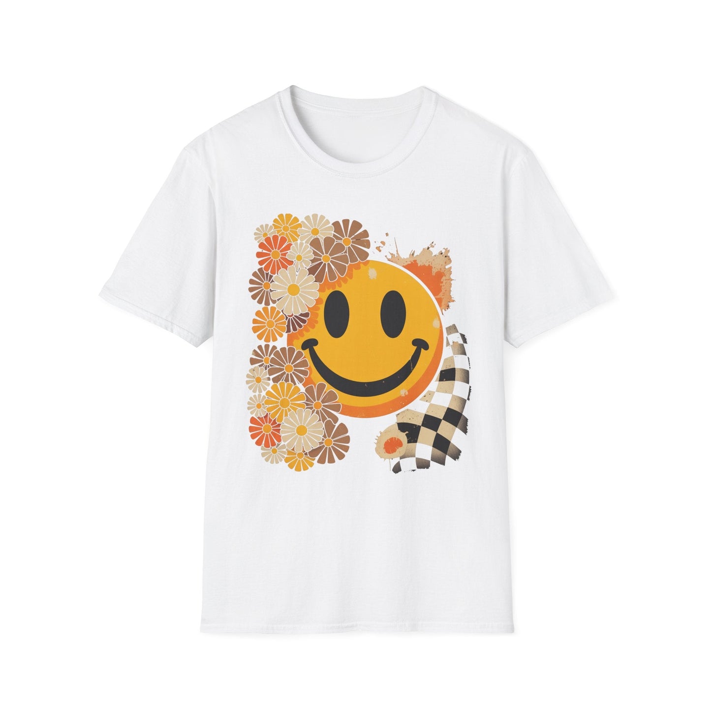 Retro Floral Smiley T-Shirt | Unisex Graphic Tee for Casual Wear, Gift for Friends, Summer Vibes, Self - Care, Birthday Present - Shirt Happens Graphics