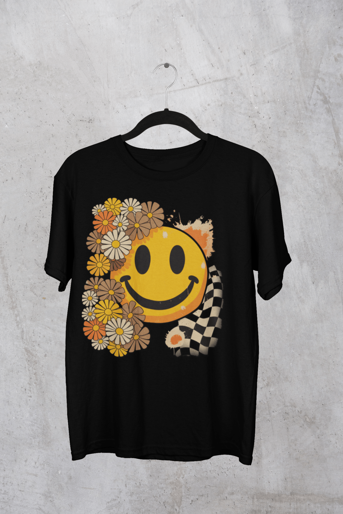 Retro Floral Smiley T-Shirt | Unisex Graphic Tee for Casual Wear, Gift for Friends, Summer Vibes, Self - Care, Birthday Present - Shirt Happens Graphics