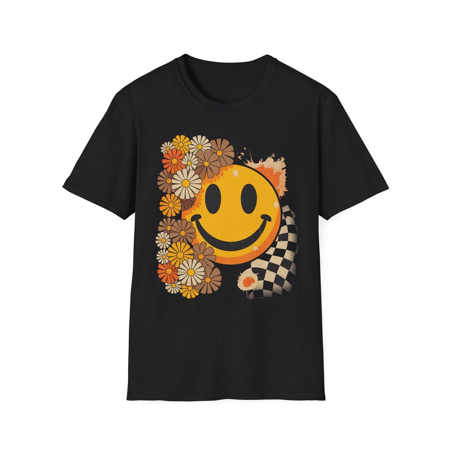 Retro Floral Smiley T-Shirt | Unisex Graphic Tee for Casual Wear, Gift for Friends, Summer Vibes, Self - Care, Birthday Present - Shirt Happens Graphics