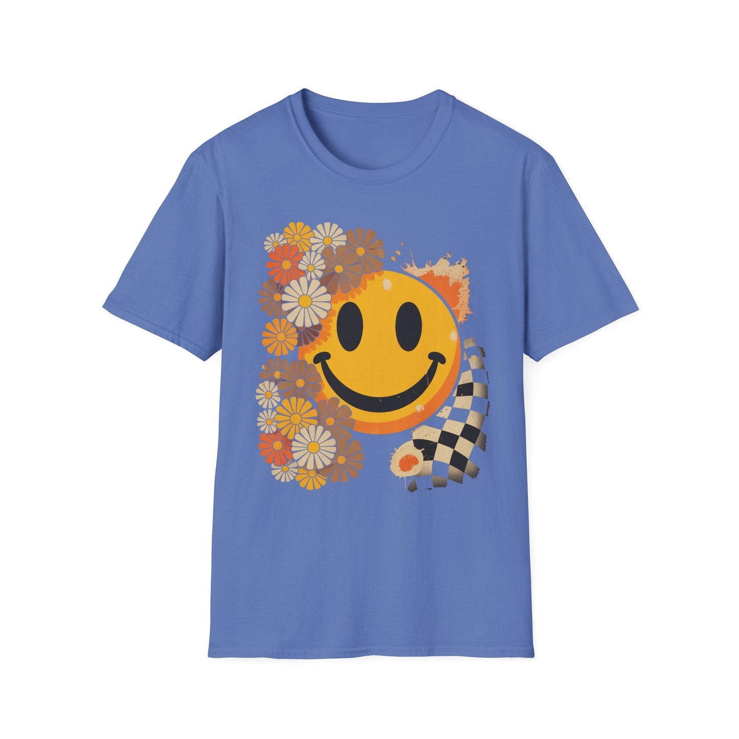 Retro Floral Smiley T-Shirt | Unisex Graphic Tee for Casual Wear, Gift for Friends, Summer Vibes, Self - Care, Birthday Present - Shirt Happens Graphics