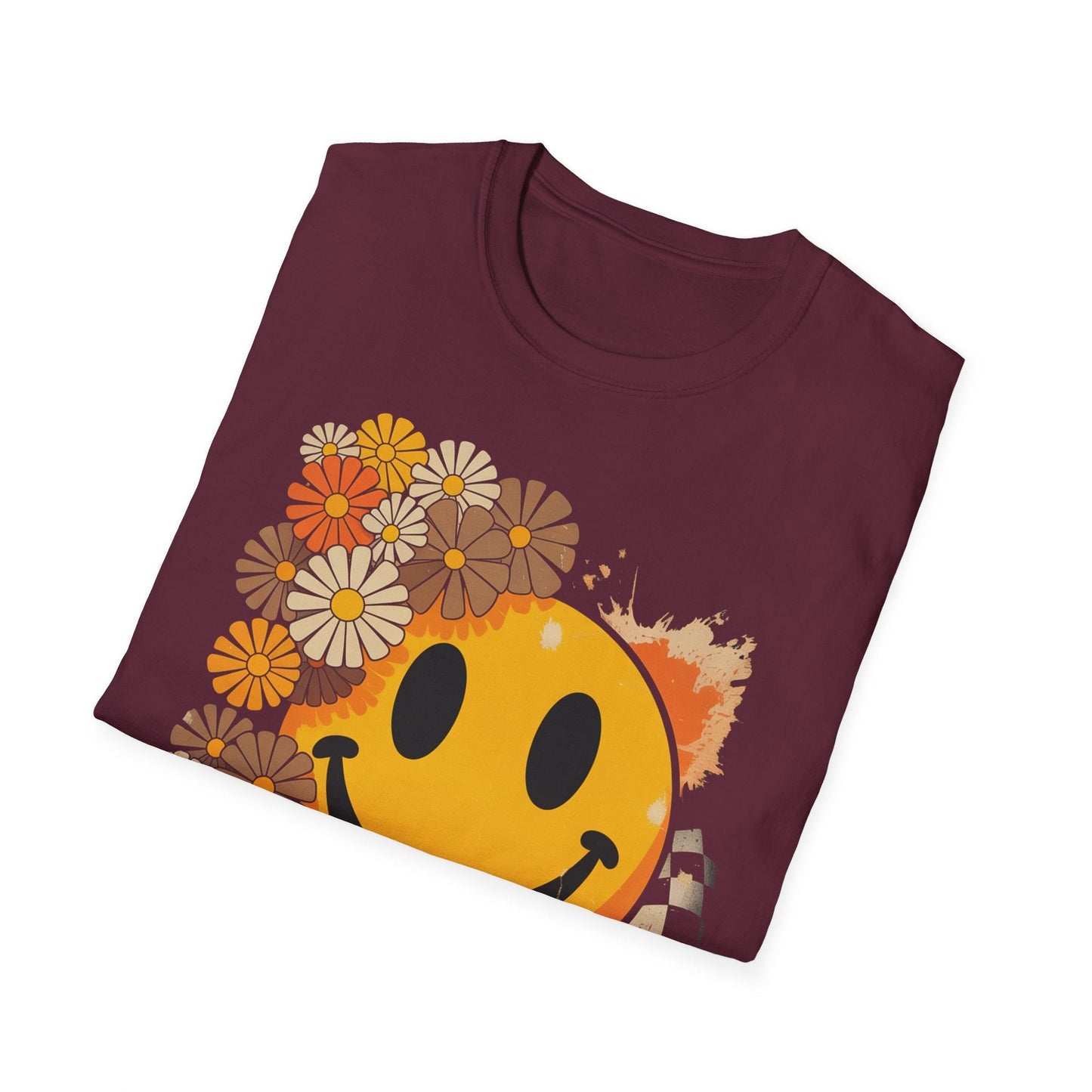 Retro Floral Smiley T-Shirt | Unisex Graphic Tee for Casual Wear, Gift for Friends, Summer Vibes, Self - Care, Birthday Present - Shirt Happens Graphics
