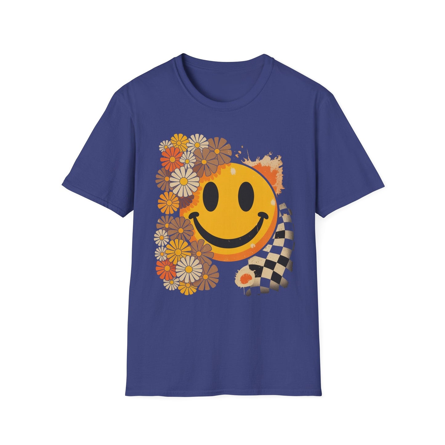 Retro Floral Smiley T-Shirt | Unisex Graphic Tee for Casual Wear, Gift for Friends, Summer Vibes, Self - Care, Birthday Present - Shirt Happens Graphics