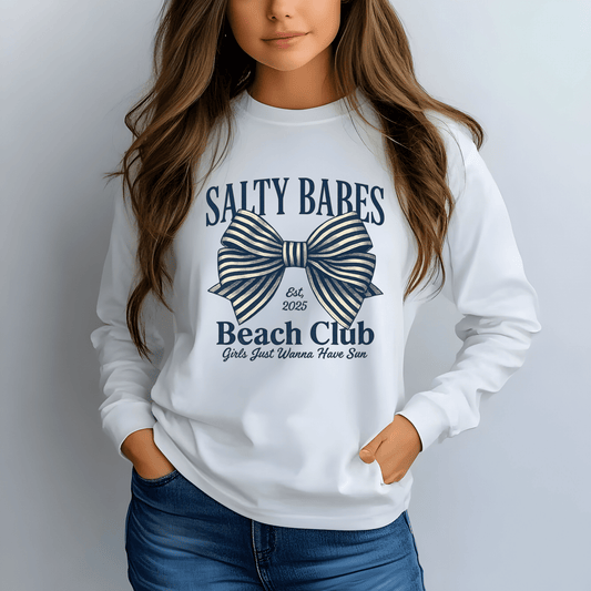 Salty Babes Beach Club Long Sleeve T-Shirt - Vintage Style, Unisex Casual Wear, Beach Day Shirt, Summer Gift, Coastal Fashion - Shirt Happens Graphics