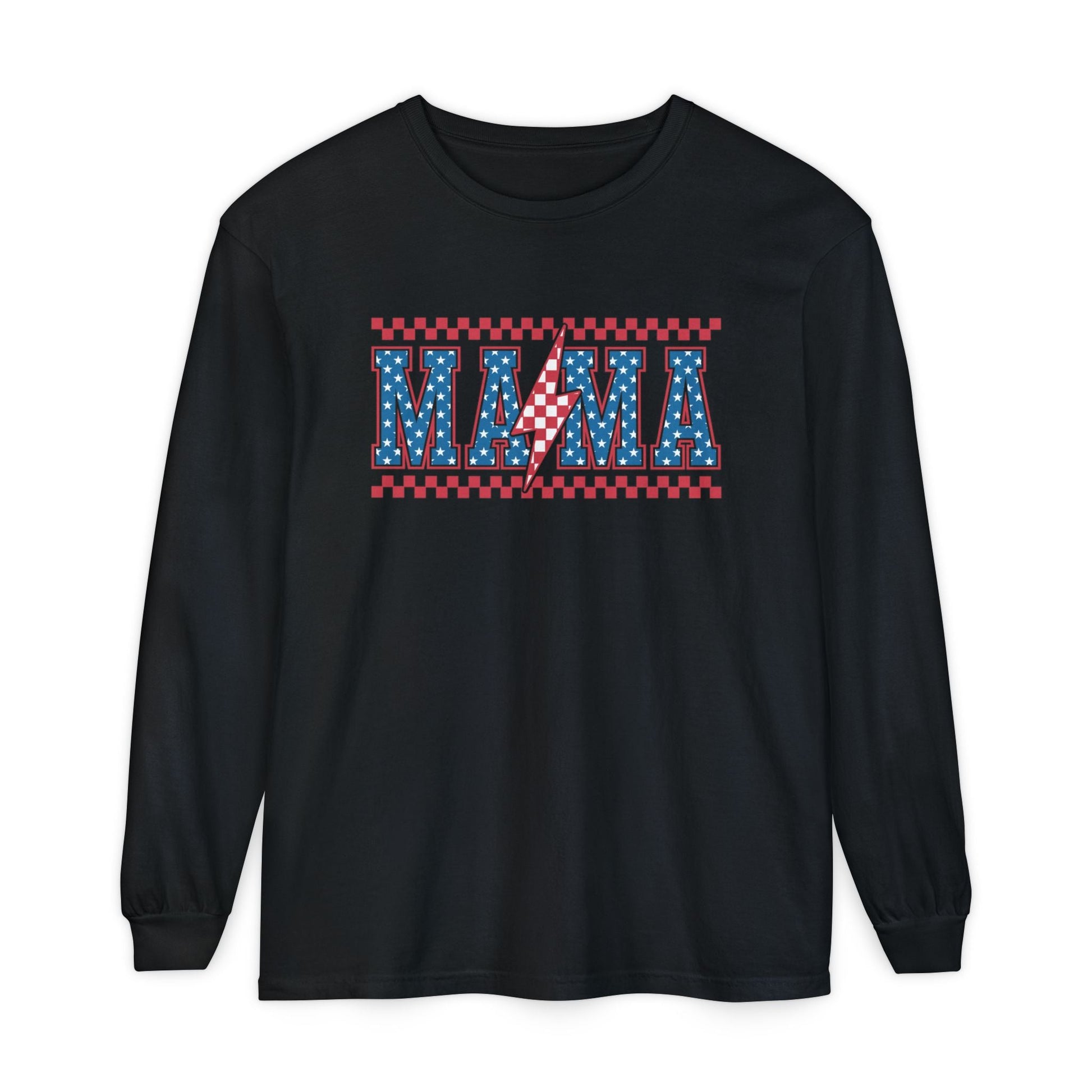 Unisex Long Sleeve T-Shirt, Festive Mama Top, Gift for Moms, Summer BBQ Shirt, Patriotic Apparel, Casual Everyday Wear - Shirt Happens Graphics