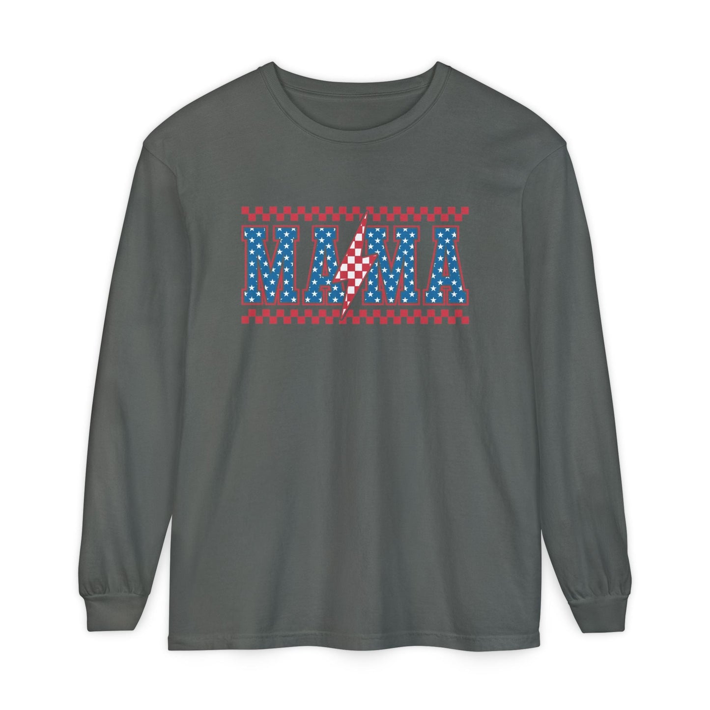 Unisex Long Sleeve T-Shirt, Festive Mama Top, Gift for Moms, Summer BBQ Shirt, Patriotic Apparel, Casual Everyday Wear - Shirt Happens Graphics